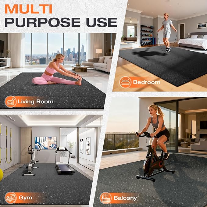 0.56'' Thick 24 Pcs 96 Sq Ft Non-Slip Rubber Top Exercise Equipment Mats, High Density EVA Foam Mats with Rubber Top, Interlocking Puzzle Gym Flooring for Home Gym, Workout Floor Mats, Black