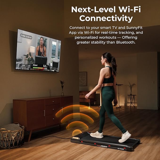Sunny Health & Fitness Wi-Fi Smart Treadmill Walking Pad with Shock Absorption Cushioning, Home Fitness Cardio Equipment with SunnyFit App Access - Compact Foldable, Auto Incline, Under Desk Optional