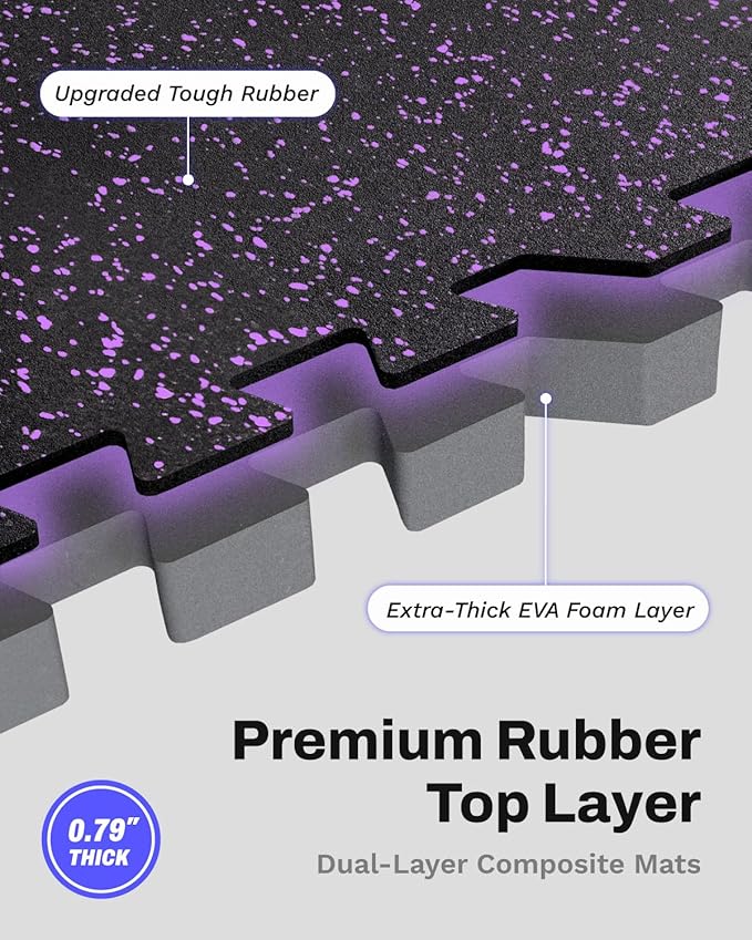 AIRHOP 0.79in Thick 24 Sq Ft Exercise Equipment Mats, 6 Tiles Upgraded Rubber Top with High Density EVA Foam, Large Interlocking Puzzle Gym Flooring for Home Gym, Heavy Weight Workout,Black & Purple