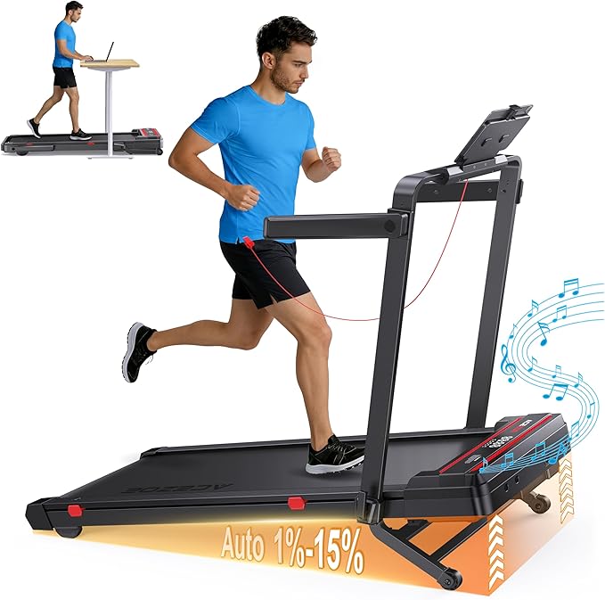 Foldable Walking Pad with 0-15% Auto Incline and Handle Bar, Under Desk Treadmill with 300LBS Weight Capacity, 3.0HP Quiet Treadmills for Home with Speaker, APP & Remote Control