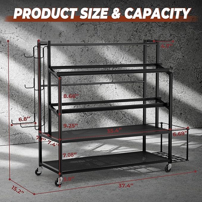 XL Dumbbell Rack Weight Stand - Upgraded 4-Tier Adjustable Weight Rack for Dumbbells, Home Gym Storage Rack for Yoga Mat Kettlebells, Workout Equipment Storage Organizer With Wheels and Hooks