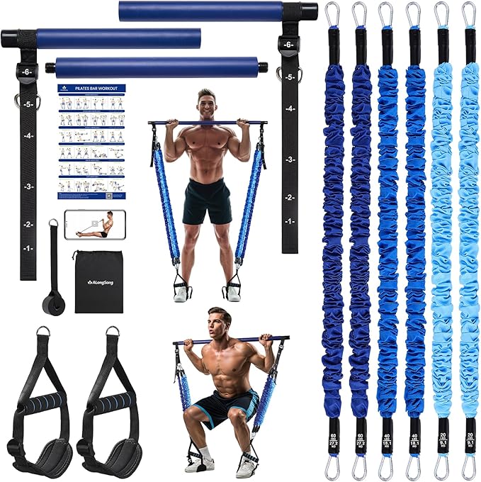 Upgraded Pilates Bar Kit with Resistance Bands Natural Latex for Women & Men, Heavy-Duty Stainless Steel Multifunctional Yoga Pilates Stick for Home Gym Exercise Fitness Equipment Full-Body Workouts