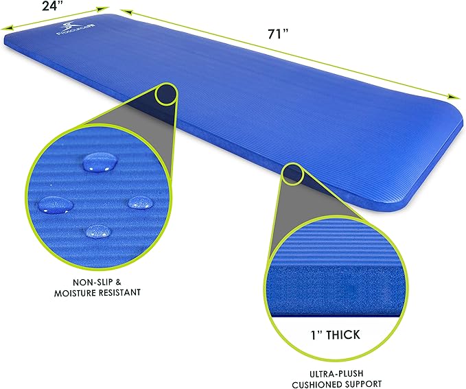ProsourceFit Extra Thick Yoga and Pilates Mat ½” (13mm) or 1" (25mm), 71-inch Long High Density Exercise Mat with Comfort Foam and Carrying Strap