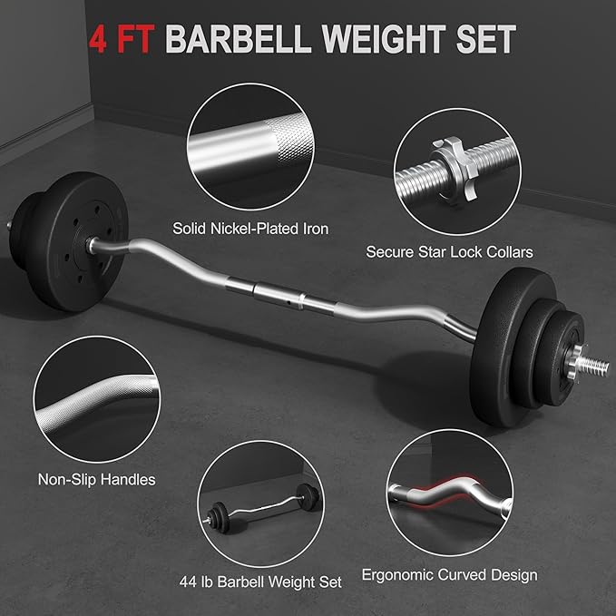 Yaheetech Barbell Set Olympic Curl Bar Weights & 2 Olympic Barbell Clamps Strength Training Bars