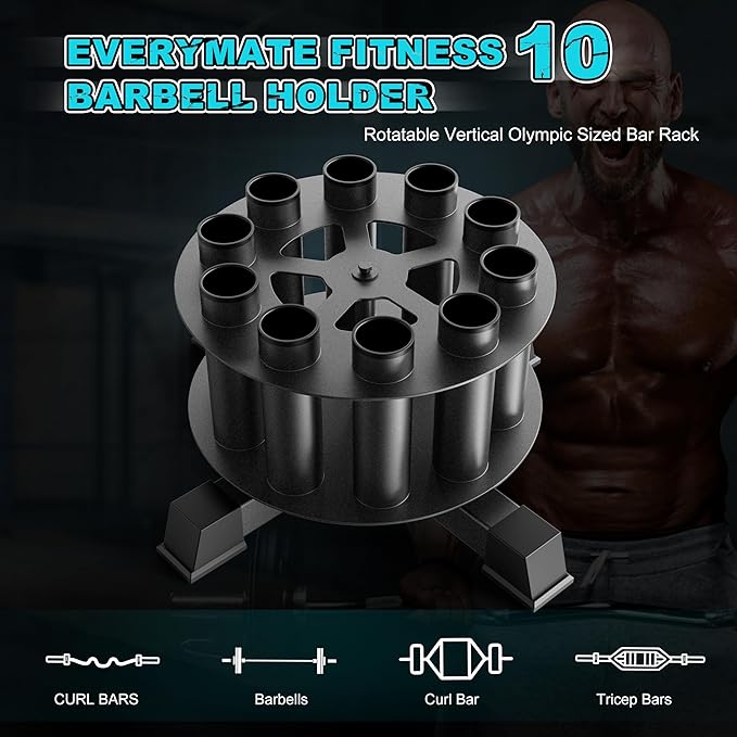 EVERYMATE Vertical Barbell Holder : Rotatable Barbell Holder Floor Stand, Heavy Duty Barbell Rack Stand Fit 2-Inch Olympic Bars, Curl Bars, Triceps Bars Home Gym Organizer Barbell Storage