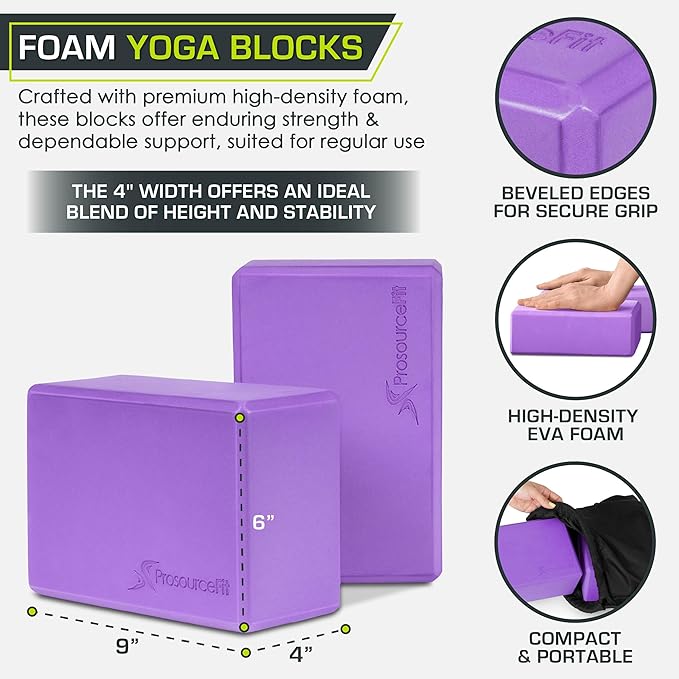ProsourceFit Foam Yoga Blocks, High Density EVA Yoga Bricks 4”x 6” x 9” (Set of 2)