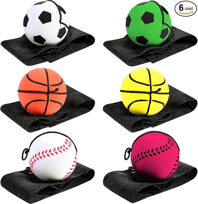 Skylety 6 Pcs Wrist Ball Return Ball on a String with Strap Wristband Sports Rubber Toy Includes Basketball, Baseball and Football for Boys Girls Party Favor Gifts, Exercise or Play