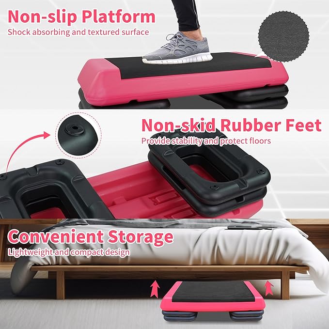 Gym Step Platform for Exercise at Home, Fitness Step for Home Workout, Adjustable Step Up Exercise Platform, Aerobic Stepper Step Platform with 4 Risers, Step Exercise Platform for Work Out