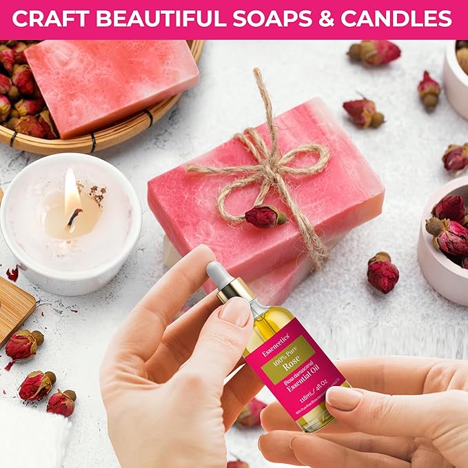 Rose Essential Oil 4 Oz - 100% Natural - Infused with Olive & Sunflower Oils - Organic Rose Oil for Skin, Soap Making, Candle Making, Diffuser, & Aromatherapy