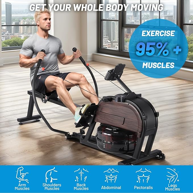 350 LBS Capacity Magnetic/Water Rowing Machine - Full-Body Home Rower with Quiet Dual Resistance, Space-Saving Design & App Compatibility for Low-Impact Cardio Workouts