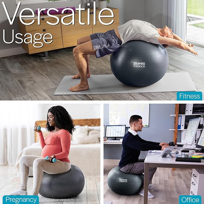Core Balance Exercise Ball, Stability Ball for Yoga, Pilates and Fitness, Gym Ball for Home Gym and Office Chair, Training, Physical Therapy, Anti Burst, Pump Included, 55cm 65cm 75cm 85cm