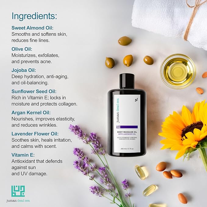 Juman Dead Sea Lavender Massage Oil | Stimulates Blood Circulation | Lavender Body Oil | for Silky & Softer Skin | Body Moisturizer | 6.76 OZ