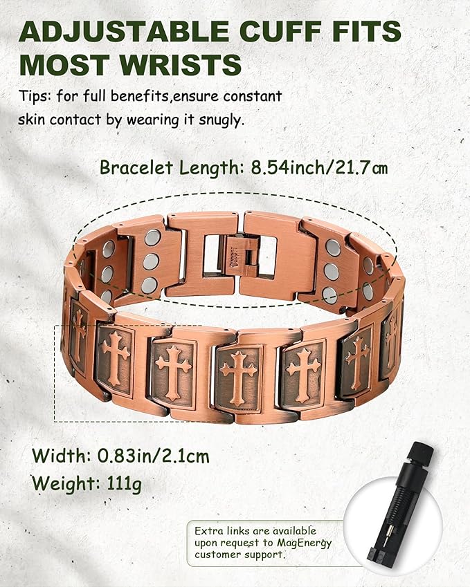 MagEnergy 99.99% Copper Bracelet for Men, Cross Copper Magnetic Bracelet with 3800 Gauss Magnets, Adjustable with Sizing Tool, Pulsera de cobre para Hombre, Men's Jewelry Gift