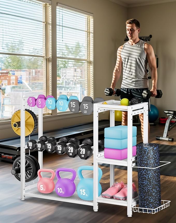3-Tier Dumbbell Rack Stand Only - Adjustable Weight Rack for Home Gym, Heavy-Duty Weight Stand for Dumbbells Kettlebells Foam Roller Yoga Mats, Workout Equipment Storage Organizer With Hooks