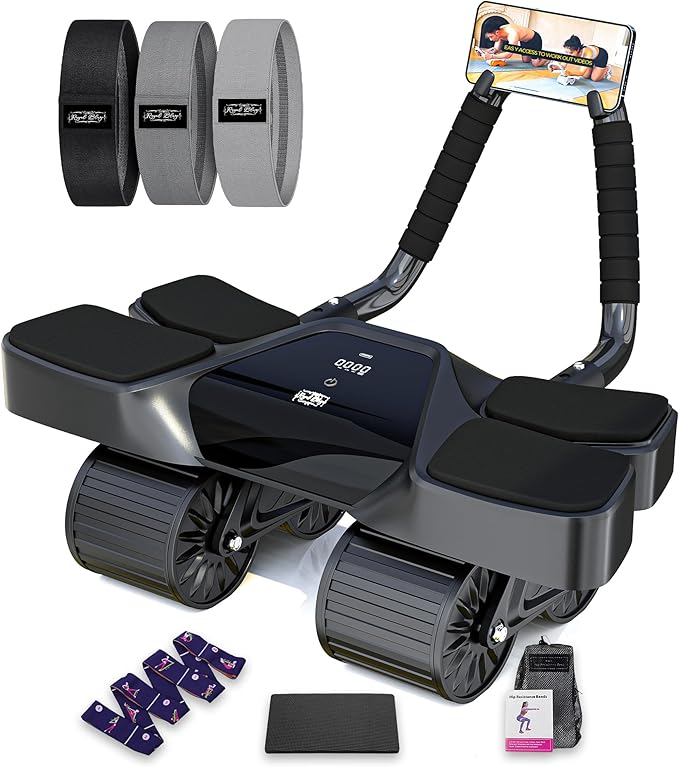 Ab Roller Home Gym Equipment – 4 Wheels Ab Wheel Muscle Roller with LCD Screen, Yoga Stretching Strap, 3 Resistance Bands – Comfortable Elbow Support with Non-Slip Handles – Time and Calorie Count