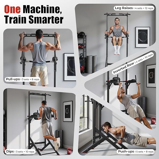 Sportsroyals Power Tower Pull Up Bar Station, 450LBS Stable Pull Up Dip Station for Home Gym Strength Training Equipment | FED Fitness