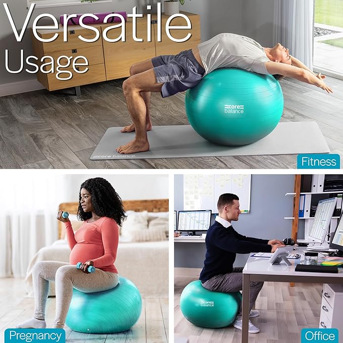 Core Balance Exercise Ball, Stability Ball for Yoga, Pilates and Fitness, Gym Ball for Home Gym and Office Chair, Training, Physical Therapy, Anti Burst, Pump Included, 55cm 65cm 75cm 85cm