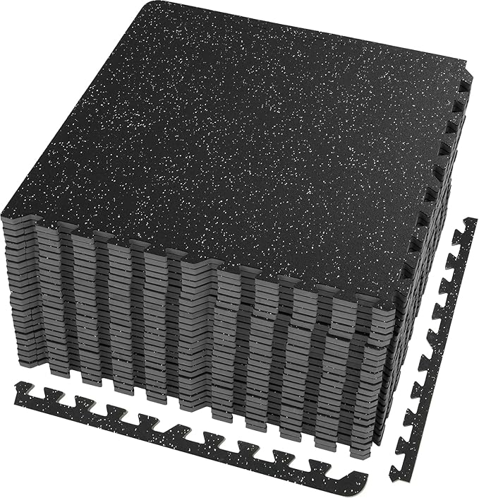 VEVOR 0.56Inch 100sq.ft 25 Tiles Gym Flooring for Home Gym, Rubber Top with High Density EVA Foam, 25 x 25In Gym Floor Exercise Equipment Mats, Interlocking Gym Mats, Puzzle Workout Mats, Black & Gray
