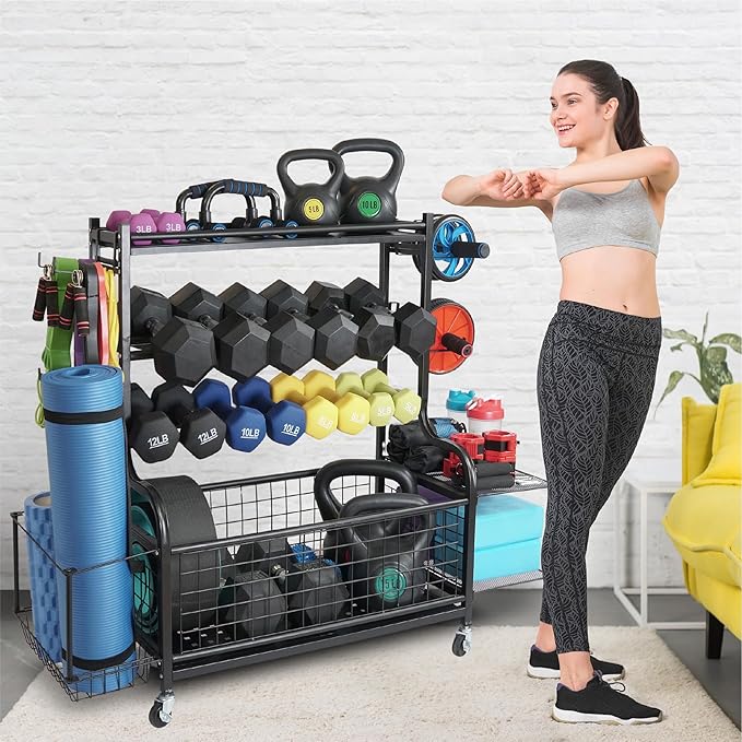 STUFFSTASH Adjustable Dumbbell Rack for Home Gym – Heavy Duty Weight Rack with Kettlebell Shelf, Yoga Mat Holder & Wheels – 700 LB Capacity Gym Equipment Storage Organizer