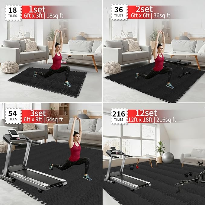 18 Pack Interlocking Gym Flooring Mats for Home Gym, 0.4 Inch Thick Non-Slip EVA Foam Puzzle Exercise Tiles with Edge Strips, Shock Absorption for Workout, Yoga, Treadmill, Garage, Basement