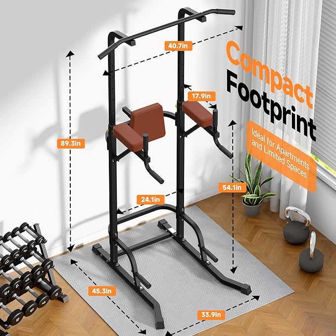 Power Tower Pull Up Station for Home Gym, Dip Station with Splayed H-Shaped Base, 440LBS Capacity, Adjustable Height Workout Station for Pull-ups, Dips & Leg Raises