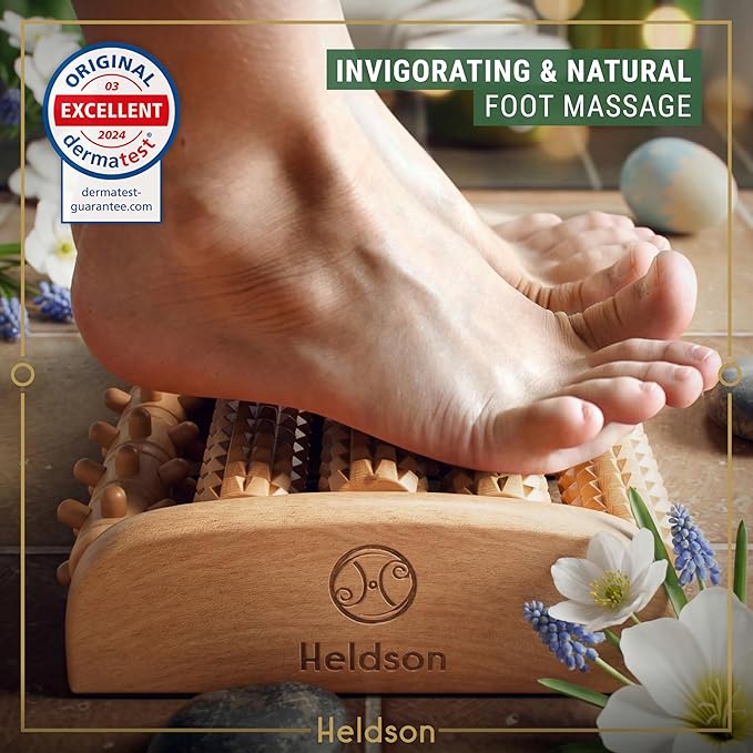 HELDSON® Foot Massager Roller Plantar Fasciitis Pain Relief - Wooden Under Desk Feet Massage - Dual Manual Heel Massagers - Wood Rolling Acupressure Tool with Reflexology Guide - Gift for Men, Women