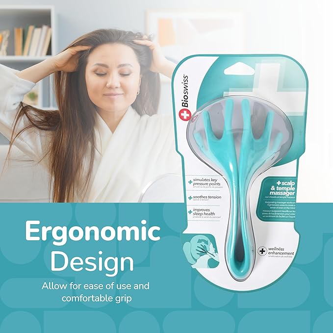 BioSwiss Head Massager, Handheld Scalp and Temple Tingler and Scratcher, Relaxing Hair and Head Stimulation Tool