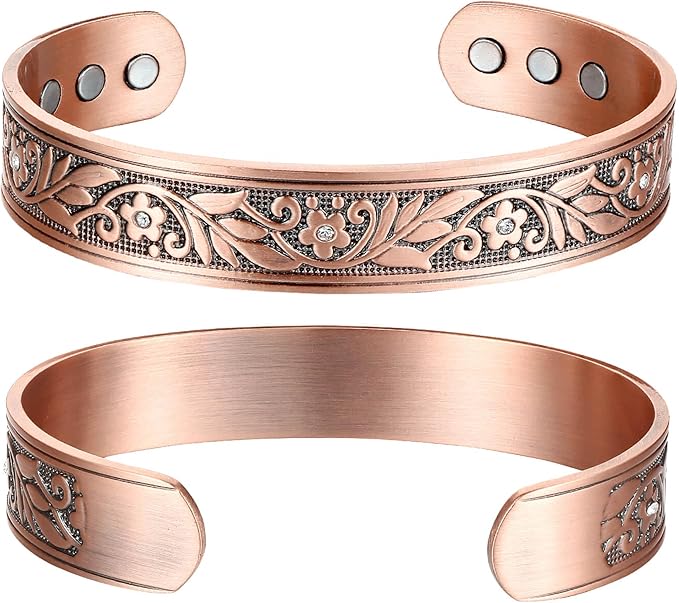 Earth Therapy Women's Floral Crystal Magnetic Copper Cuff Bracelet - Adjustable Sizing - Ultra Strength