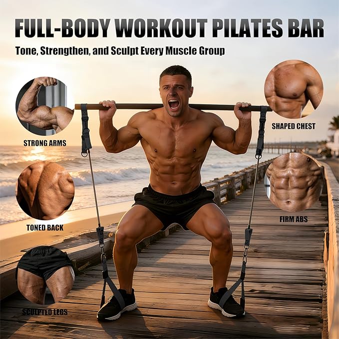 Pilates Bar Kit with Resistance Bands for Men, Heavy Duty Home Gym Equipment for Full Body Workout, Strength Training, Legs, Hips, Arms, Abs, Chest – Portable Pilates Stick