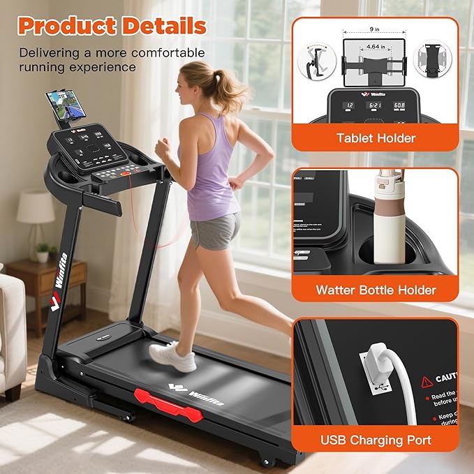 Treadmills for Home, Folding Treadmill with Auto Incline, 300 LBS Capacity, 8MPH or 10MPH Max Speed, Double Deck Shock-Absorbing Running Machine with App, 64 Programs, Pulse Monitor