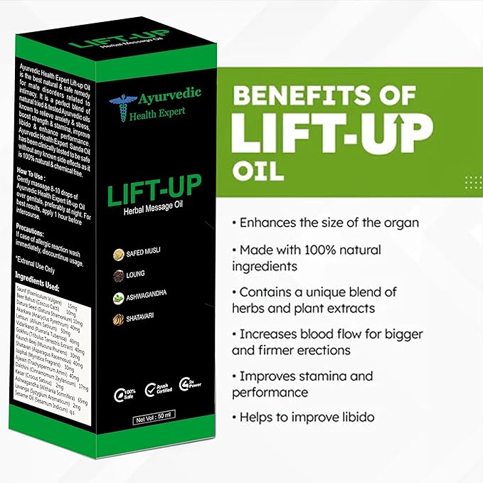 Lift-up 50ml | 100% Pure & Natural Herbal Massage Oil for Men | Boosts Strength, Stamina & Vitality | Chemical-Free Ayurvedic Formula for External Use (50 Ml Pack of 1) 1.6oz