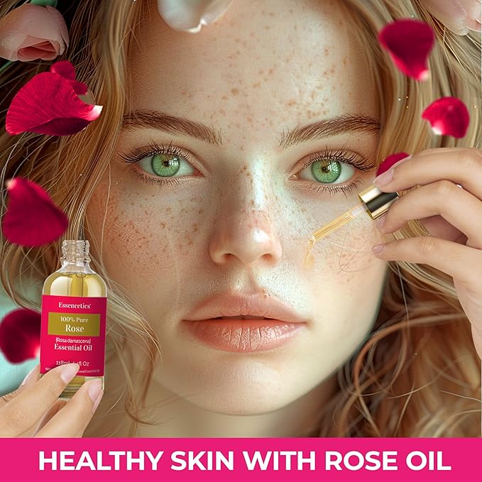 Rose Essential Oil 4 Oz - 100% Natural - Infused with Olive & Sunflower Oils - Organic Rose Oil for Skin, Soap Making, Candle Making, Diffuser, & Aromatherapy