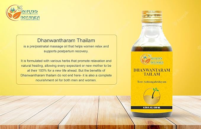HERBS BOTANICA Dhanwantharam Thailam Oil for Massage Oil, Support Overall Relaxation, Prevent Stretch Marks, Moisturizes Skin, Natural Strength After Delivery 200 Ml
