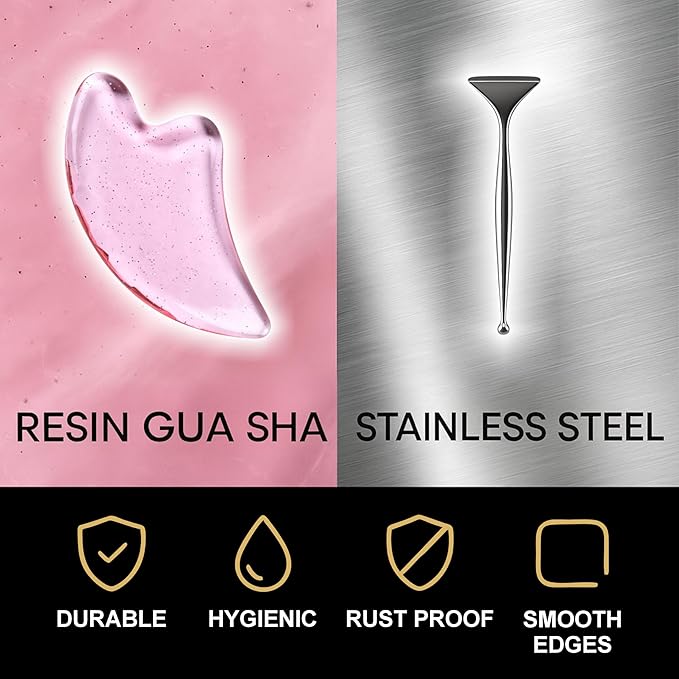 2-in-1 Acupuncture Pen with Pink Resin Gua Sha Set, Dual-Ended Stainless Steel Acupressure Massage Tool & Fascia Blaster for Muscle, Neck, Face & Foot Relief