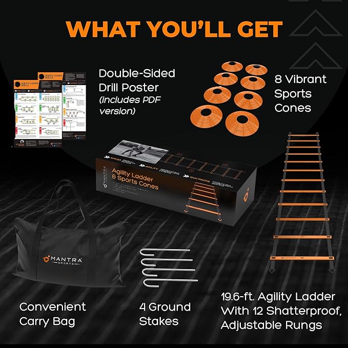 MANTRA SPORTS Agility Ladder Set, 12-Rung Speed Ladder + Training Cones, Soccer Training Equipment, Footwork Drills Kit, Speed & Agility Equipment, Football Practice Equipment, Basketball Gear