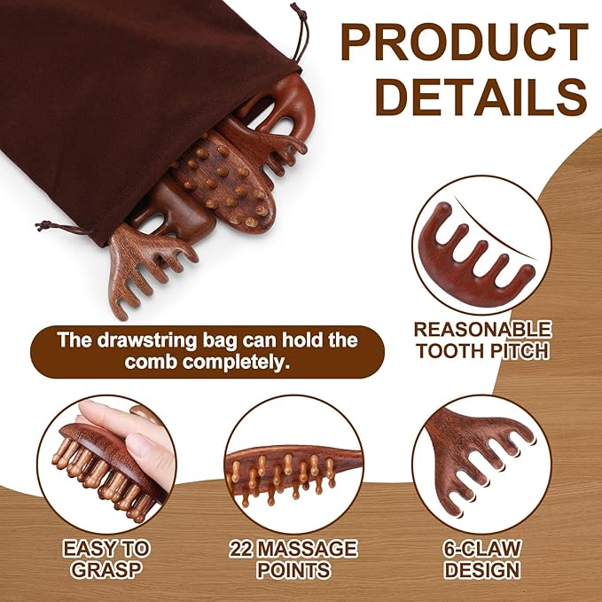 6 Pcs Natural Wooden Scalp Massager Comb Tool Set with Flocked Storage Bag Scalp Massage Tool for Stress Relief, Gua Sha & Therapy for Women Men Hair Growth Body Therapy