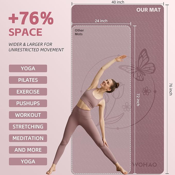 Large 76"x40"x0.4" Yoga Mat - Extra Width & Thick Non-Slip Exercise Mat, Versatile for Stretching, Yoga Studio, Gym, Home & Indoor/Outdoor Workouts