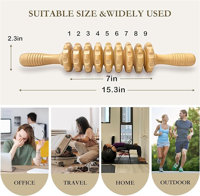 Wood Therapy Massage Roller Stick with Release Myofascial Trigger Points, Massager Tool for Cellulite Reduction, Muscle Tension and Lymphatic Drainage Physical Therapy Recover (Wood)