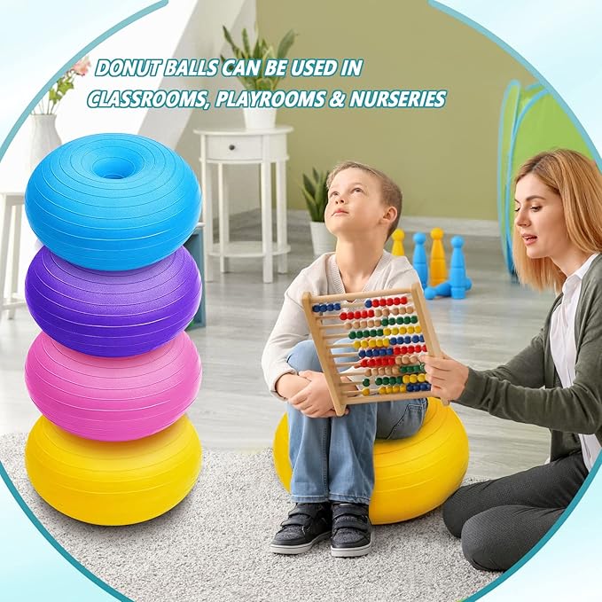 Lewtemi 4 Pcs Flexible Seating for Classroom Elementary 20 Inch Yoga Ball Chair Inflatable Donut Ball Chair with Inflator for Kids Student Sensory Balance Office Exercise