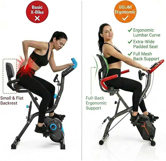 Foldable Exercise Bike for Home, Uright and Recumbent Stationary Bike with Ergonomic Mesh Backrest, Indoor Full Body Quiet Workout Bike, Wide Seat 6.6 Pound Flywheel & 300 LBS Capacity Red