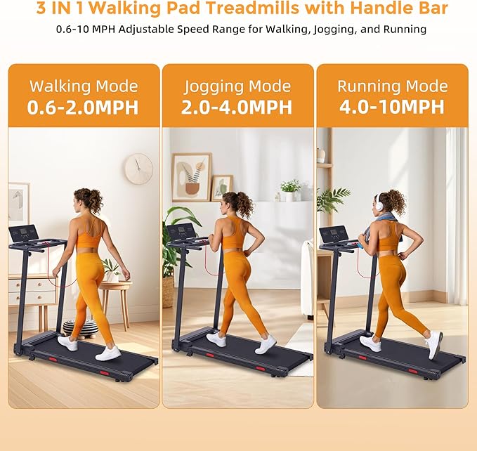 Walking Pad with Handle Bar, 0.6-10MPH Walking Pad Treadmill for Home Small, 3.5HP Portable Small Running Treadmill with Handles, Big Screen, 400LBS