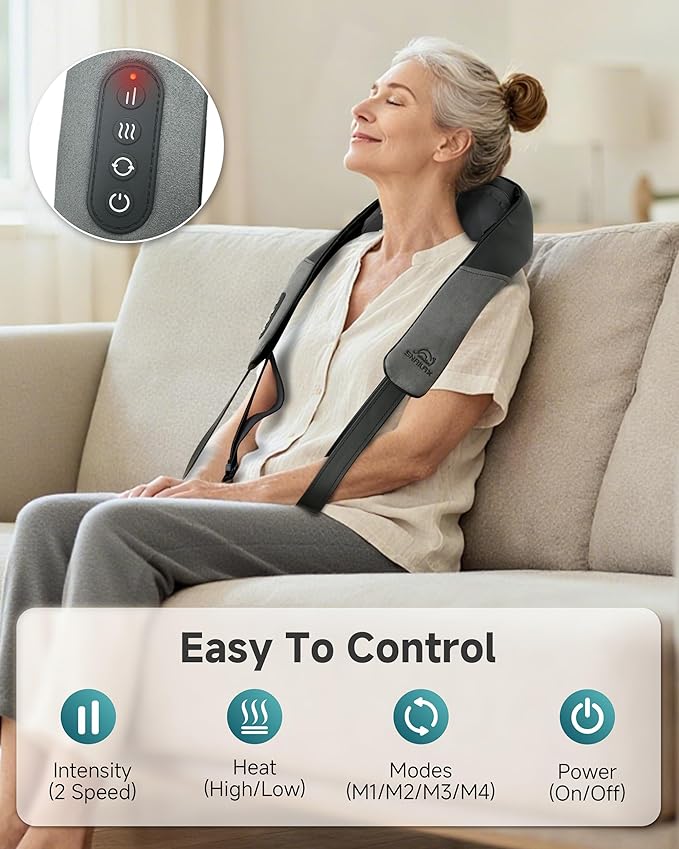 Snailax Shiatsu Neck Massager for Pain Relief Deep Tissue Cordless Kneading Shoulder Massage with Heat Graphene Heating Rechargable, 4D Roller Neck Back Massage, Gift for Mom Dad