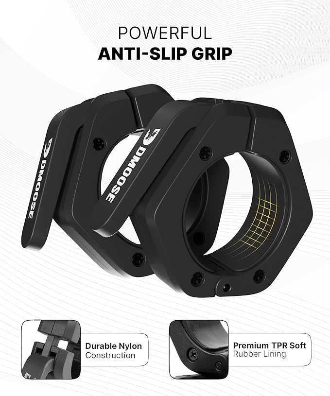 DMoose Fitness Barbell Clips 2 Inch (Pair) - Quick Release Olympic Barbell Clamps & Collars with Anti Slip TPR Grip for Secure Weightlifting and Powerlifting - Weight Clips for Bars at Home or Gym