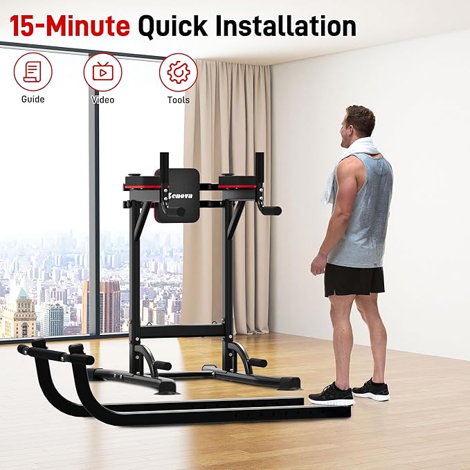 Outdoor Basic Power Tower, Pull Up Bar and Dip Station for Home Gym, 1400LBS Weight Capacity, Adjustable Height, Heavy Duty Steel Frame for Calisthenics, Strength Training Fitness Equipment