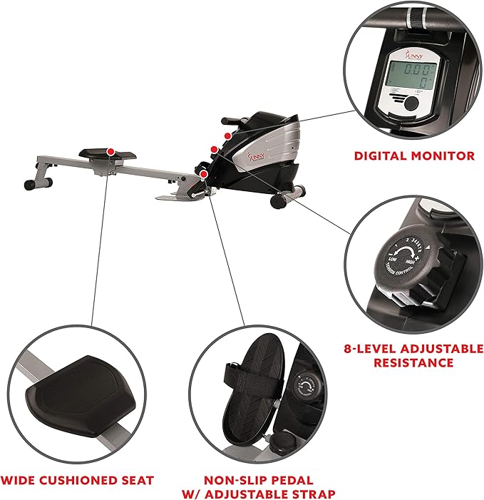 Sunny Health & Fitness Rowing Machine for Low Impact Full Body Workouts Home Training, Flip-able Equipment for EZ-Storage, Optional Magnetic or Air Resistance w/Free SunnyFit App Connection