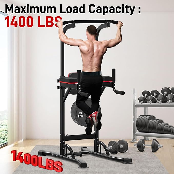 Outdoor Basic Power Tower, Pull Up Bar and Dip Station for Home Gym, 1400LBS Weight Capacity, Adjustable Height, Heavy Duty Steel Frame for Calisthenics, Strength Training Fitness Equipment