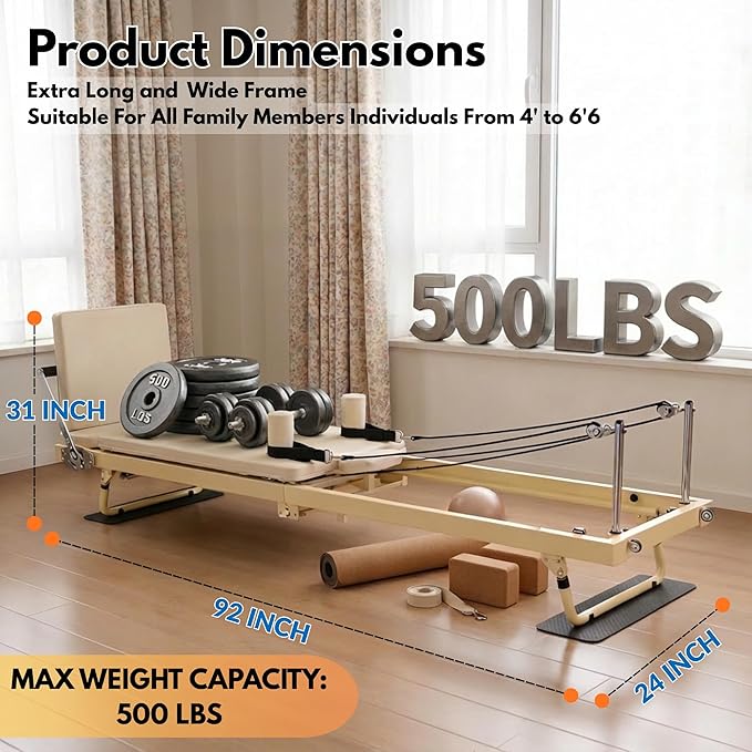 92" 2ND Gen Extended Pilates Reformer, Foldable Pilates Machine with Pilates Ring Circle & Headrest, Jumpboard, Dual Resistance Springs, Pilates Equipment for Home Workout, up to 500 lbs