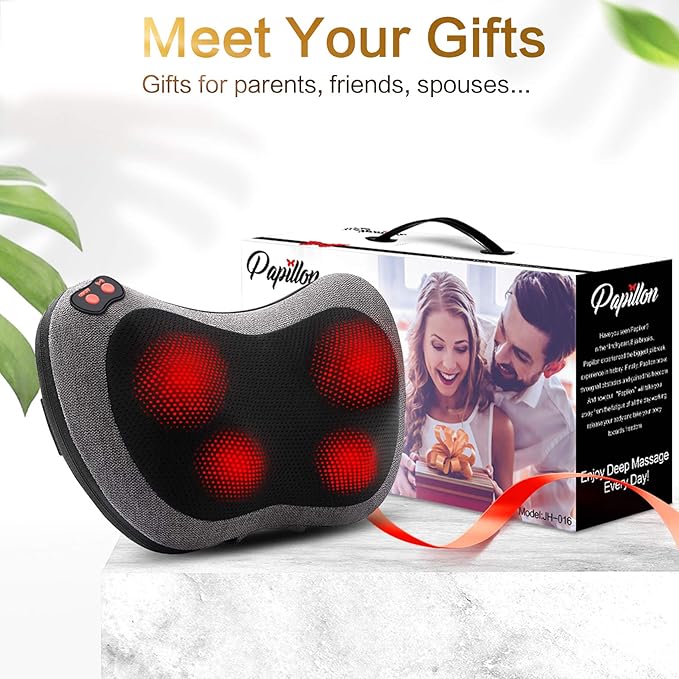 Papillon Shiatsu Back Massager with Heat, Deep Tissue Massage Pillow for Neck,Shoulder,Foot & Lower Back Pain Relief,Electric Kneading Massager for Home, Office, Car-Gifts for Mom, Dad, Men, Women