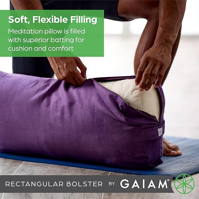 Gaiam Round Yoga Bolster Pillow, Soft Meditation Cushion for Yoga, Massage and Back Support, Breathable Cotton Fill, Zippered Microfiber Cover, Easy-Carry Handle, Machine Washable