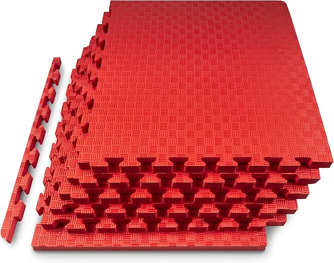 ProsourceFit Exercise Puzzle Mat 1-in, Checkered EVA Foam Floor Tiles w/Non-Slip Texture, Gym Mat w/Interlocking Foam Tiles for Adjustable Surface, Shock Absorbing, Waterproof Gym Flooring, Red
